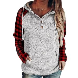 Hoodie Sweatshirt Loose Buffalo Plaid Raglan Pockets Drawstring Size Medium